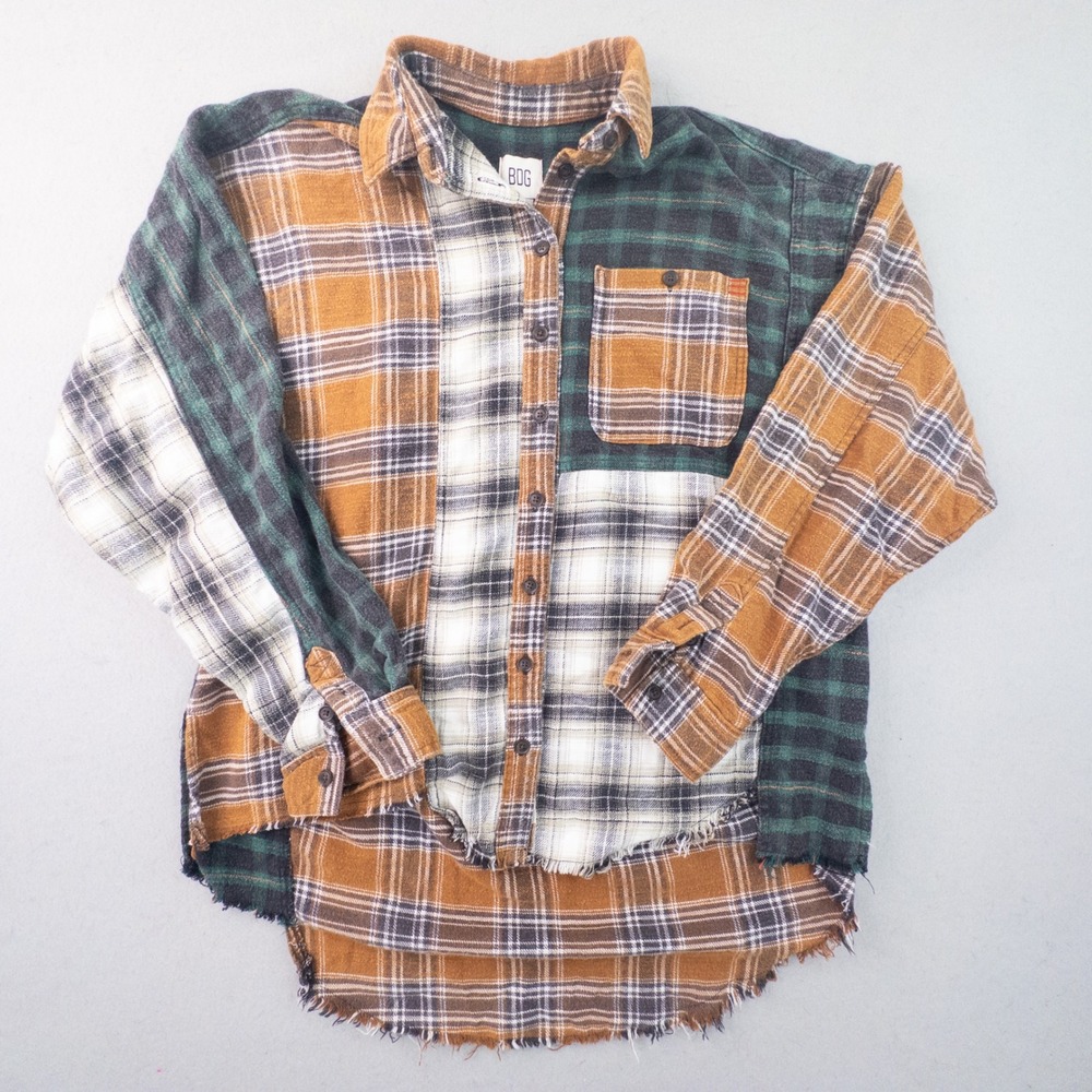 BDG Patchwork Flannel Shirt Multi-Color Plaid Frayed Hem S-P